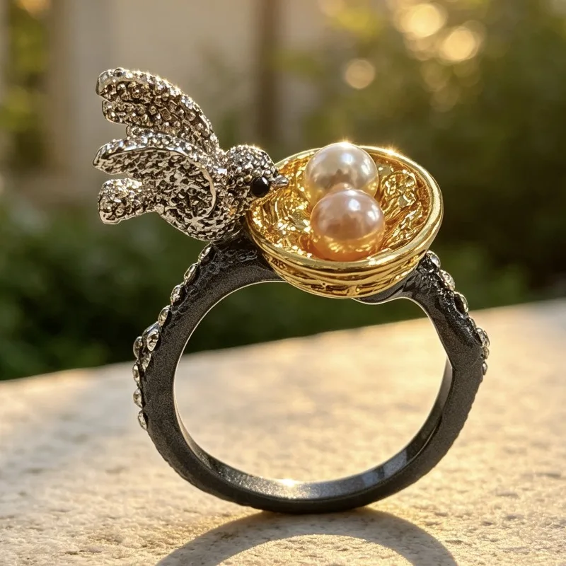 European and American new fashion retro simple bird feeding bird nest creative style women's ring