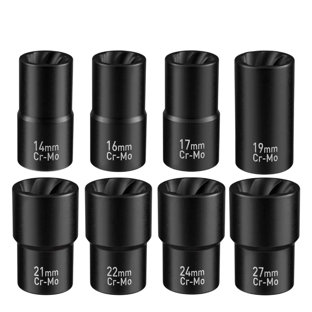 1/2 Interface Drive Twist Socket Set 17-24mm High Torque Lug Nut Remover Broken Bolt Extractor Impact Screw Extractor Tool