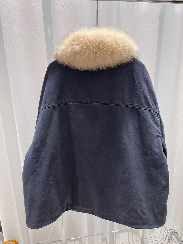 Cusual Winter Warm Women Real Natural Fox Fur Collar Goose Down Jackets Loose Puffer Parka Jackets Thick Female Streetwear