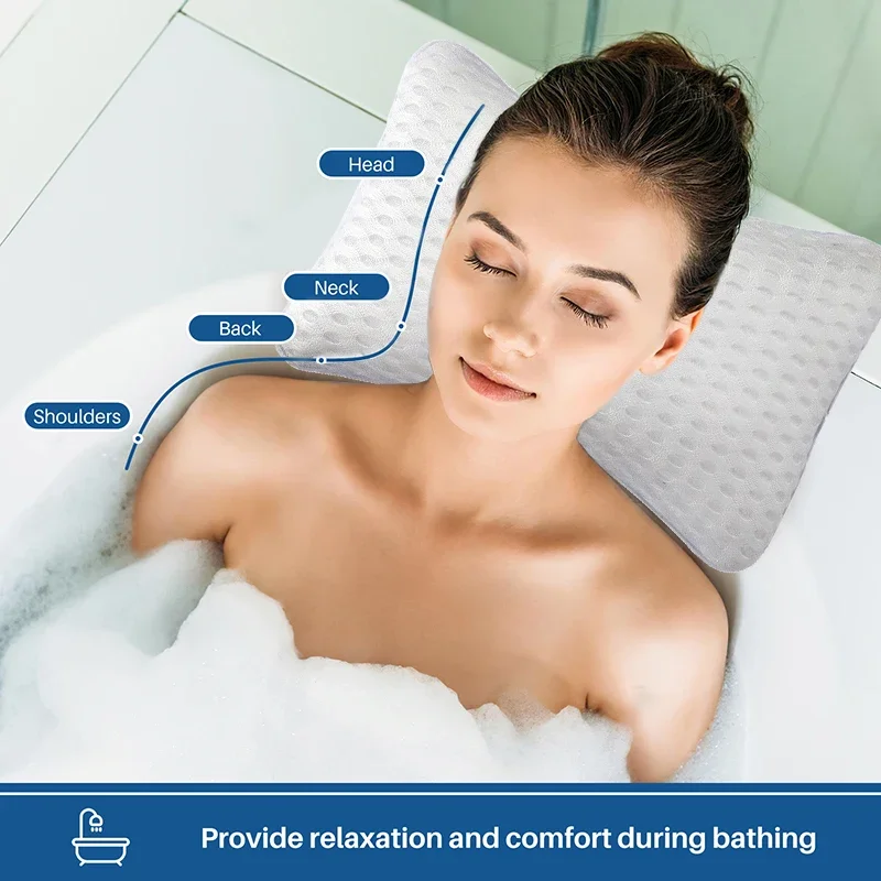 Knochenförmiges Kissen mit 3D-Netzband und 2 Saugnäpfen für Badezimmer, Dusche, Kopfstütze, SPA-Badewanne, zur Kopf- und Nackenunterstützung – Detail 5
