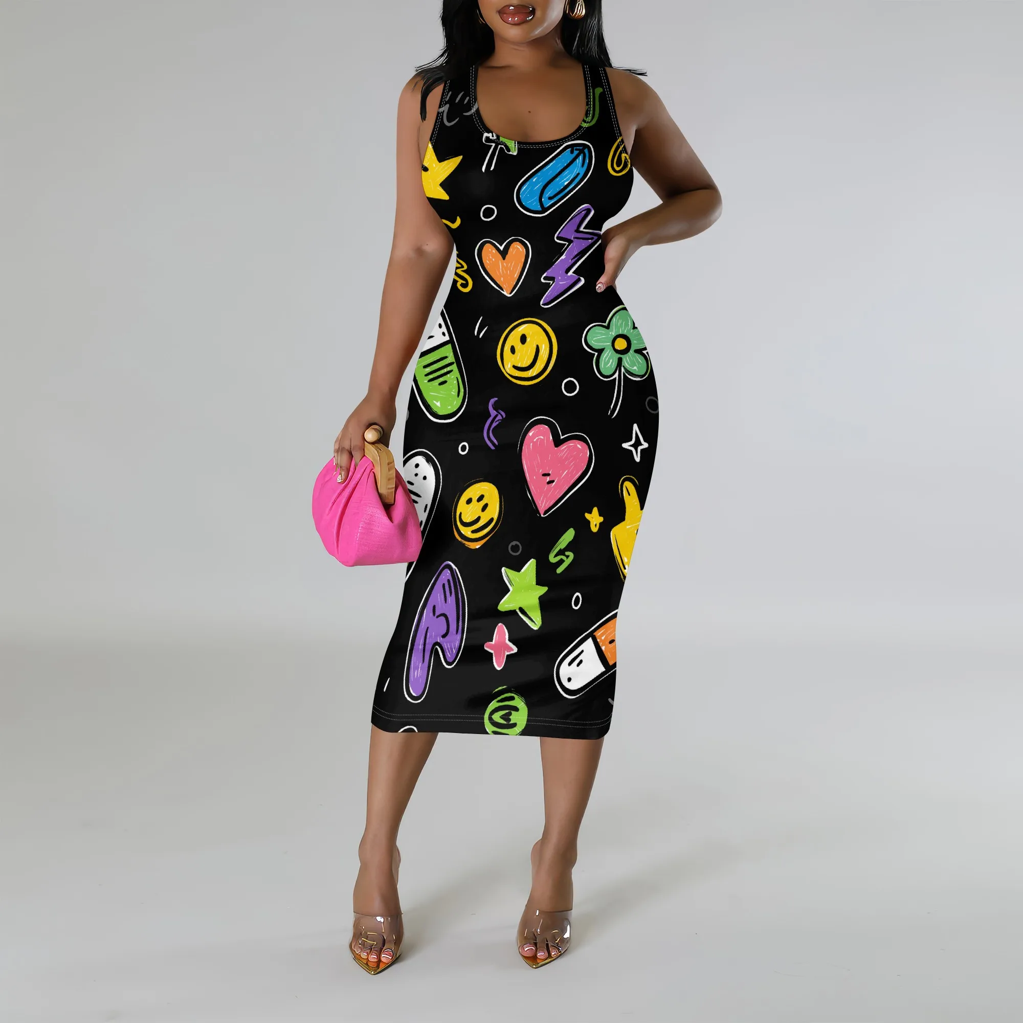 

"Women Cartoon Print Bodycon Dress S-3XL Sleeveless Smiley Toothpaste Funny Party Halloween Costume Summer Casual Outfit"