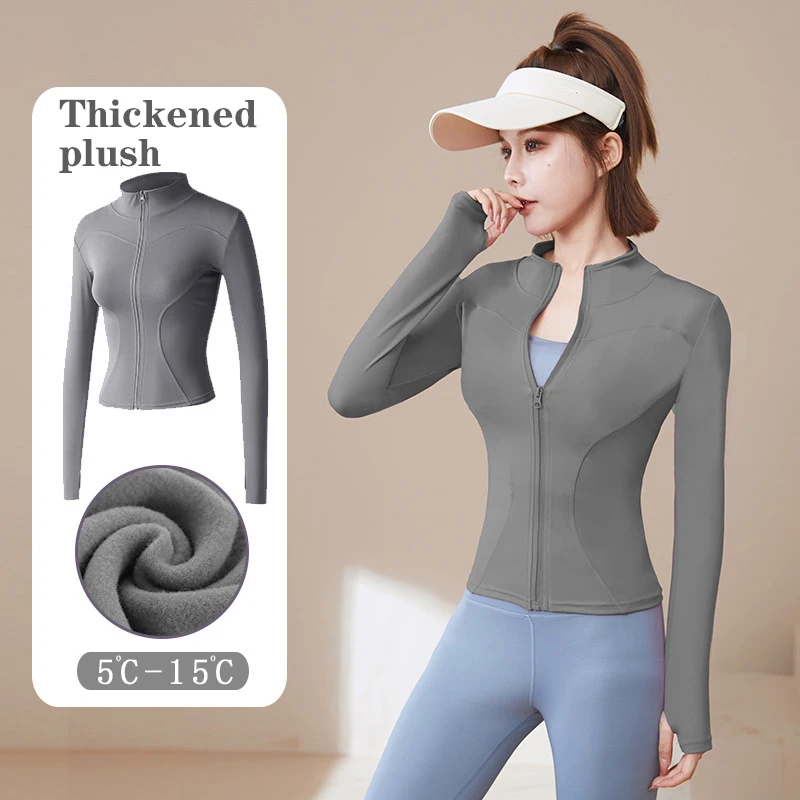 2023 new Thickened and Plush Yoga for Women, Windproof Stand Neck Zippered Sports Jacket, Slim Fit and Slimming Running Fitness