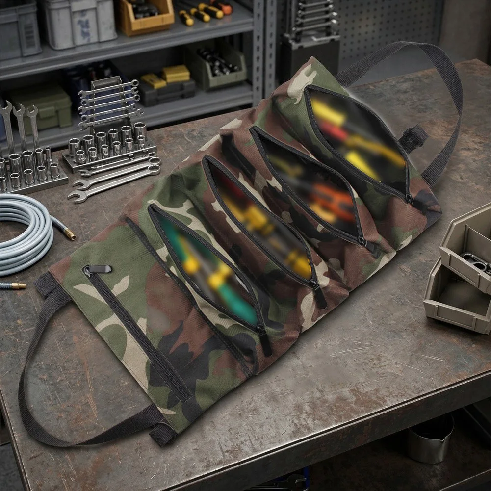 1pc Multifunctional Roll-Up Canvas Tool Bag 5-Zippered Pockets For Automotive Repairs Electrical Work Tools Organized Storage