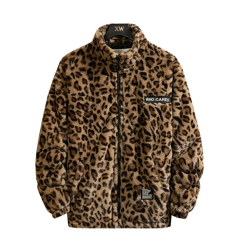 Abrigo de algodón grueso para hombre, prenda de manga larga con cuello de pie y estampado de leopardo, Top holgado y cálido, novedad de invierno, 2023