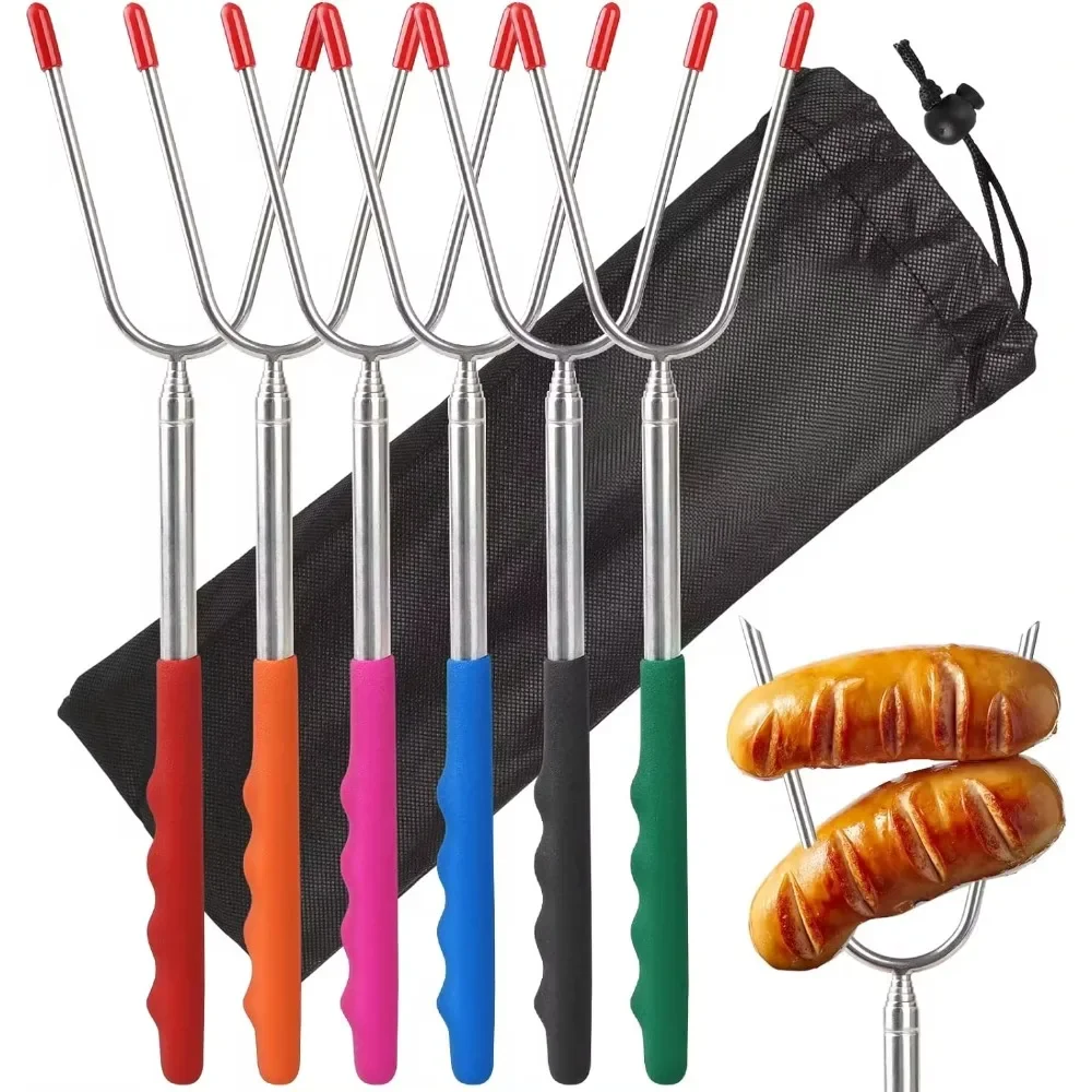 5/6/10pcs Telescopic BBQ Forks Marshmallows Roasting Sticks Stainless Steel Extendable Hot Dog Sausages Skewers Barbecue Tools