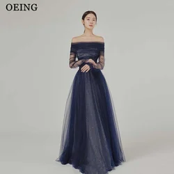 OEING Glitter Navy Blue Tulle Long Prom Gowns Fairy Off the Shoulder Photoshoot Evening Dresses Korea Wedding Party Dress Gala