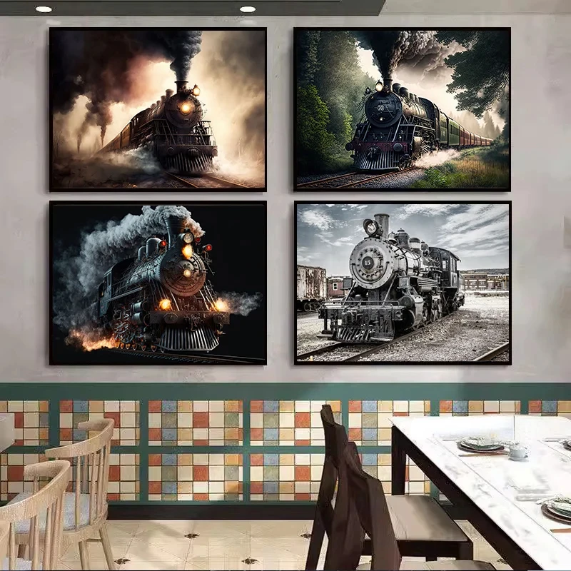 Vintage Railroad Retro Railway Steam Train Locomotive Landscape   Art Poster Canvas Painting Wall Prints Picture Room Home Decor