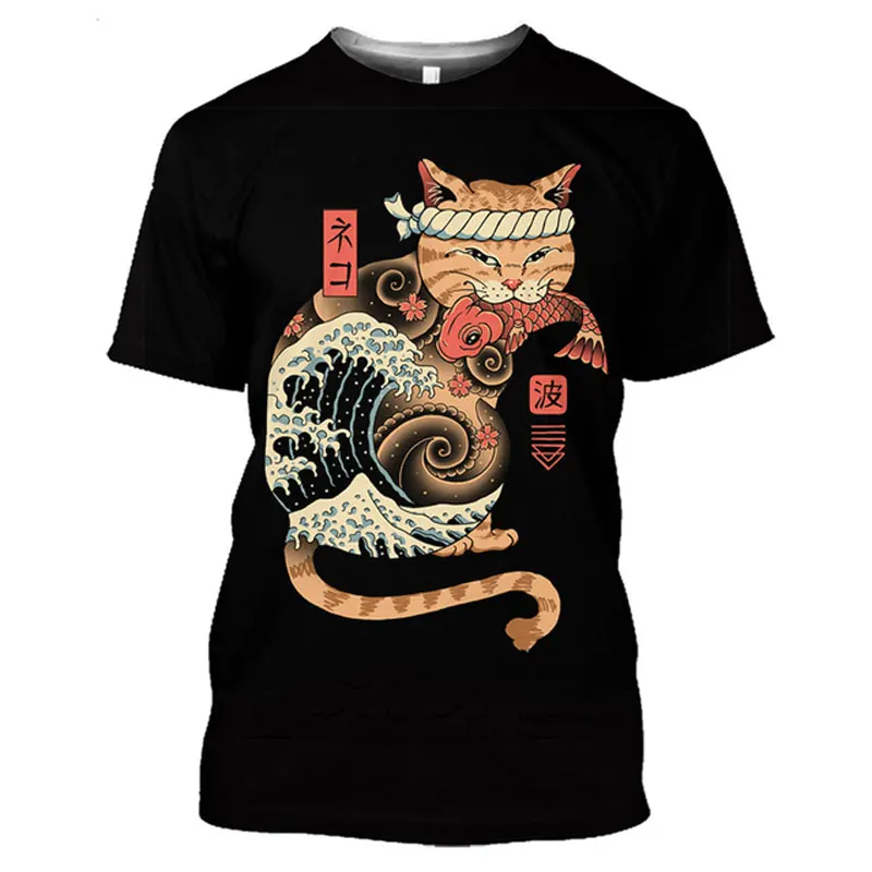 Summer new 3D Men Japanese Samurai Cat graphic t shirts Fashion Casual Personality Cool Street Style Print Short Sleeve Tees Top