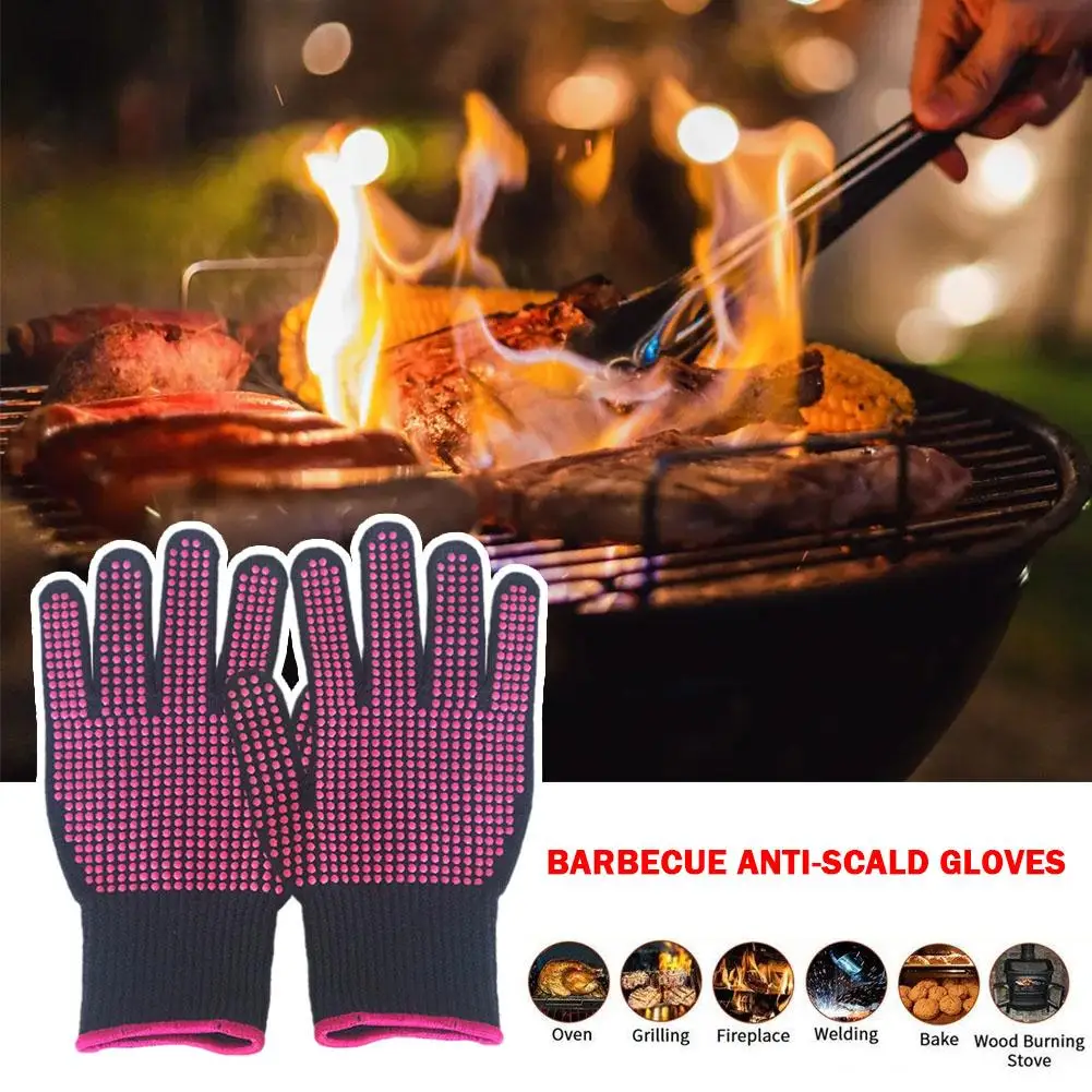 1 Pair Barbecue Anti-scald Gloves Oven Gloves Heat Anti-slip Gloves Household Barbecue Gloves Resistant Accessories A4Q6