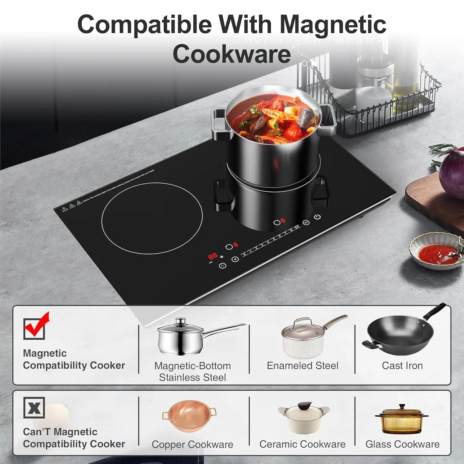 Table de cuisson à double induction avec plaque chauffante, table de cuisson à induction, table de visualisation électrique, écran tactile LCD, 9 ensembles recyclables, 24 pouces, 4000W