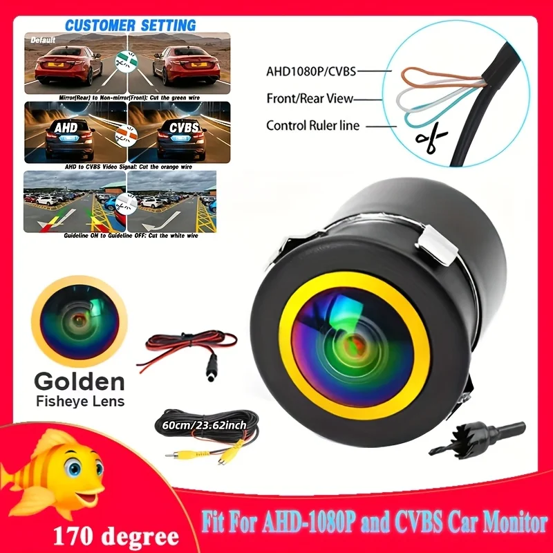 1080P HD Rear View Camera with Fisheye Golden Lens - 170° Wide Angle, AHD Compact Design for Cars, SUVs, MPVs, Trucks & Pickups
