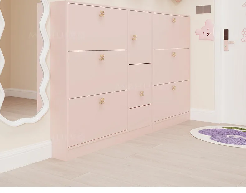 

Pink shoe cabinet, folding shoe changing stool, integrated combination, put shoe cabinet on the wall, entrance cabinet