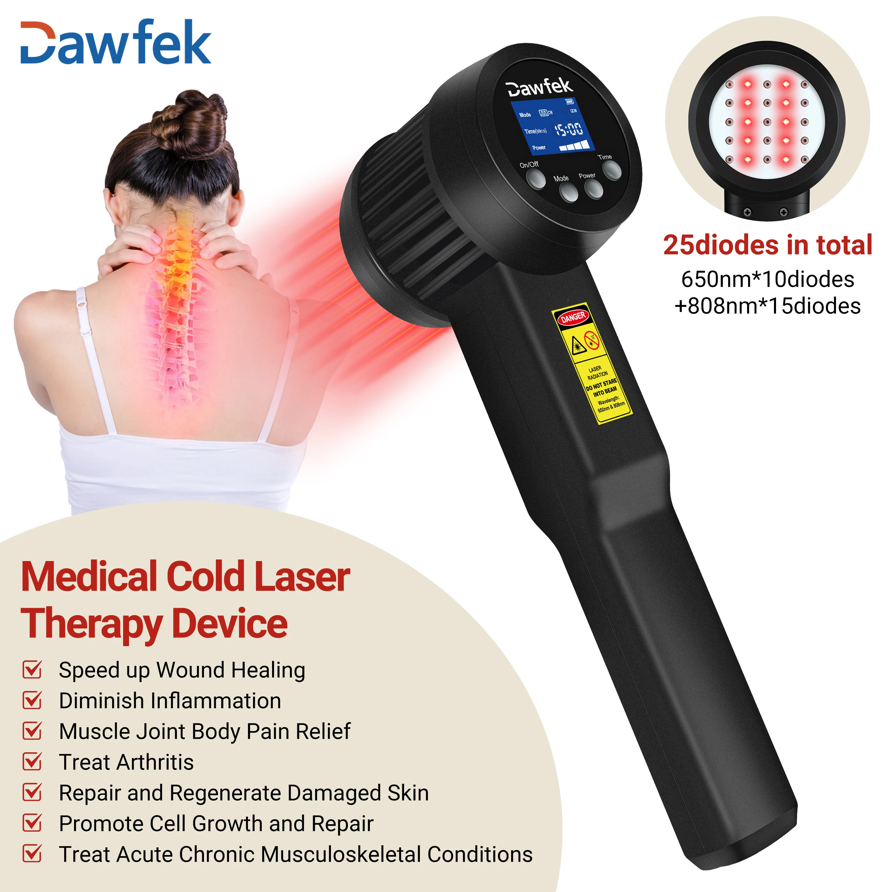 Dawfek Lllt Kaltlaser 15 x 808 nm 10 x 650 nm Infrarotlicht-Behandlung Beste Infrarot-Lichttherapiegeräte mit LED-Anzeige