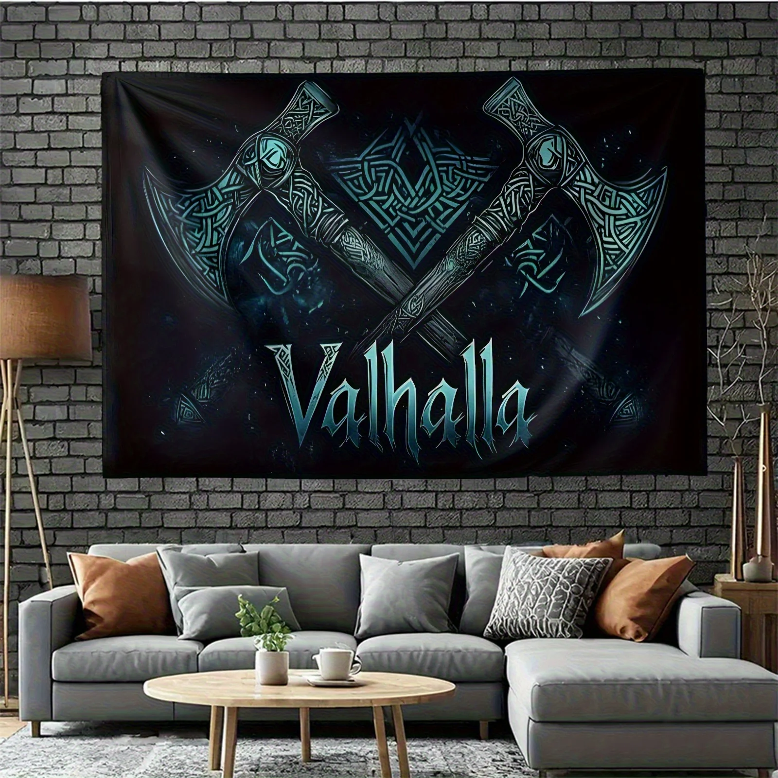Viking Valhalla Tapestry Norse Mythology Wall Art Hanging Decor Axes Crossed Swords Man Cave Home Gaming Room Decoration Geek