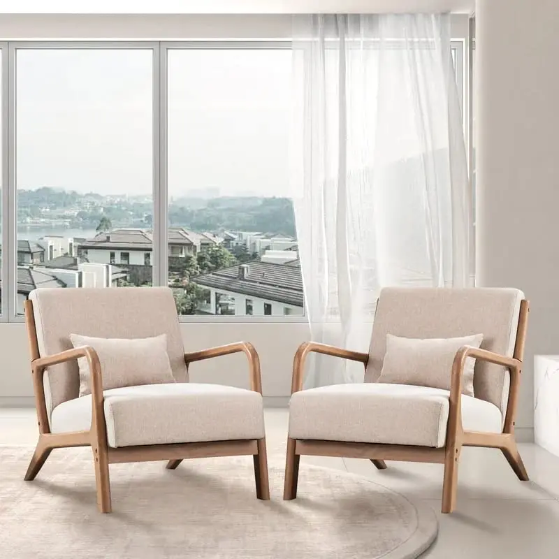 Mid Century Modern Accent Chair Set of 2, Fabric Lounge Armchair with Wood Frame, Easy Assembly Living Room Beige, Customized