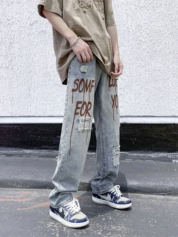 

Американские джинсы свободного прямого кроя для мужчин, летние, в стиле хип-хоп, износостойкие, повседневные, длинные