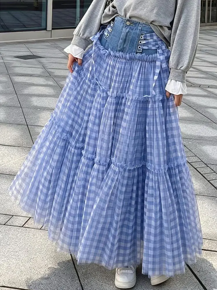 Heavy-Duty Denim Plaid Gauze Long Skirt with Lace High Waist And Cascade Ruffles Fashionable Joker A-Word Cake Style Waist Stitc
