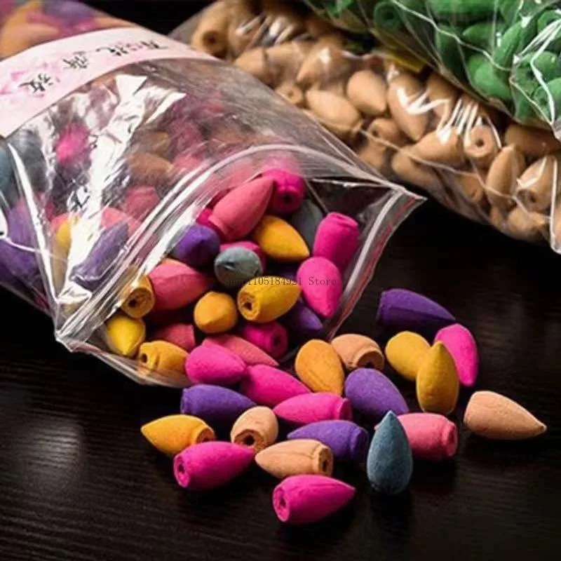 60Pcs Mixed Color Backflow Tower Incense Cone Natural Plant Powder Household Tea Room Incense Burner Smoke Viewing Purifying Air