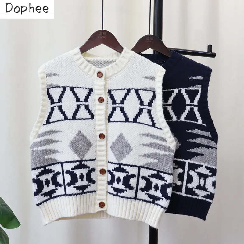 

Dophee New Autumn Winter Women Knitting Vests Cardigans Top Geometric Pattern Vintage Sleeveless Loose Sweaters Waistcoat