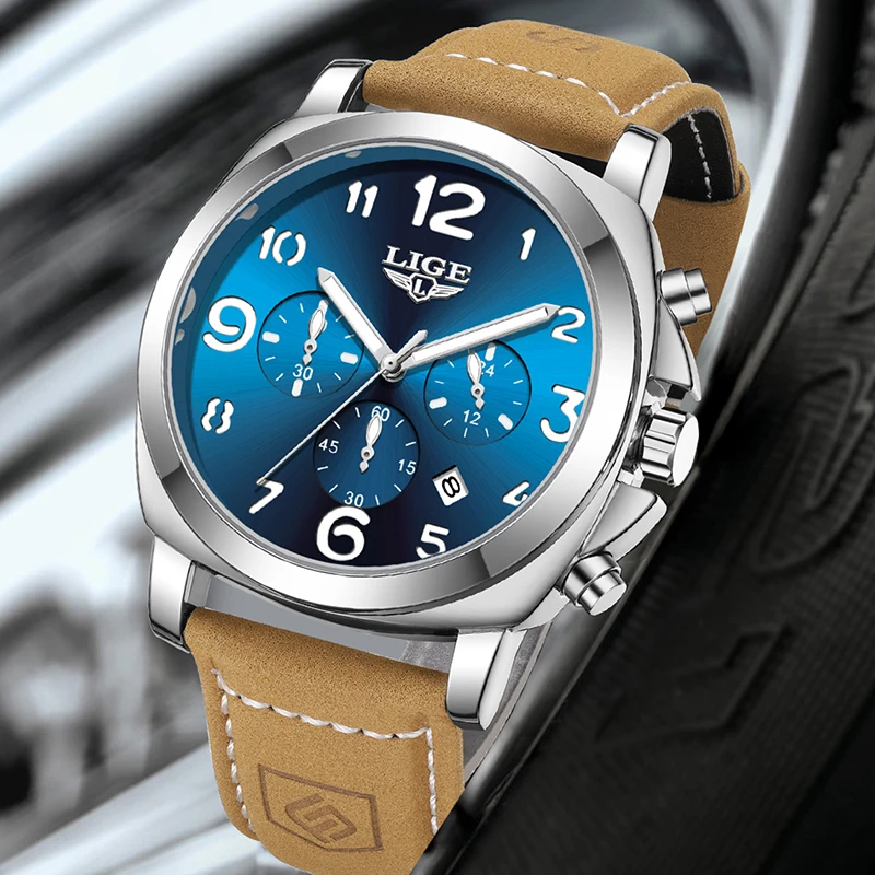 LIGE Casual Leather Watches For Men Top Brand Luxury Big Dial Watch Men Fashion Waterproof Luminous Date Chronograph Clock Male