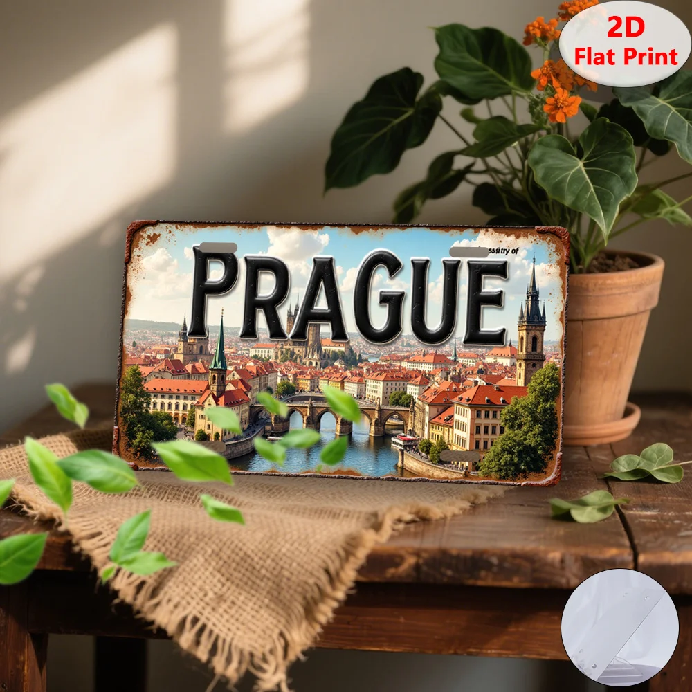 2D Flat, 2D Flat Printing, 1pc, Vintage Tin Sign, Decorative Plaque & Statues (30.48cm x 14.99cm), Prague bridge, architecture,