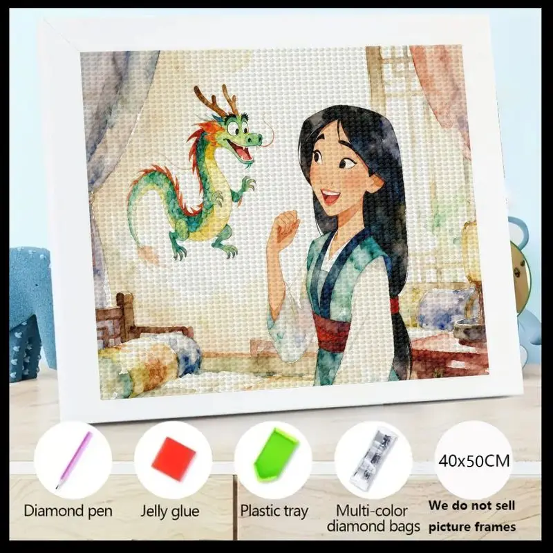 

1PC 5D DIY Diamond Painting Kit, Disney Princess Mulan & Mushu Cartoon Dragon Theme Full Drill Round Crystal Rhinestone Art, Cro
