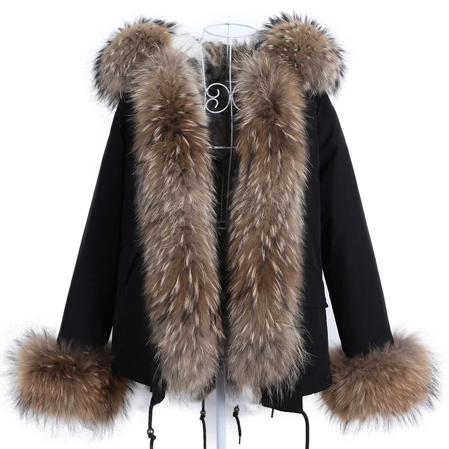 Maomaokong 2023 New Women Winter Fur Coat Rabbit Lining Jacket Natural Real Raccoon Collar Parka Fox Fur Short Female Clothing