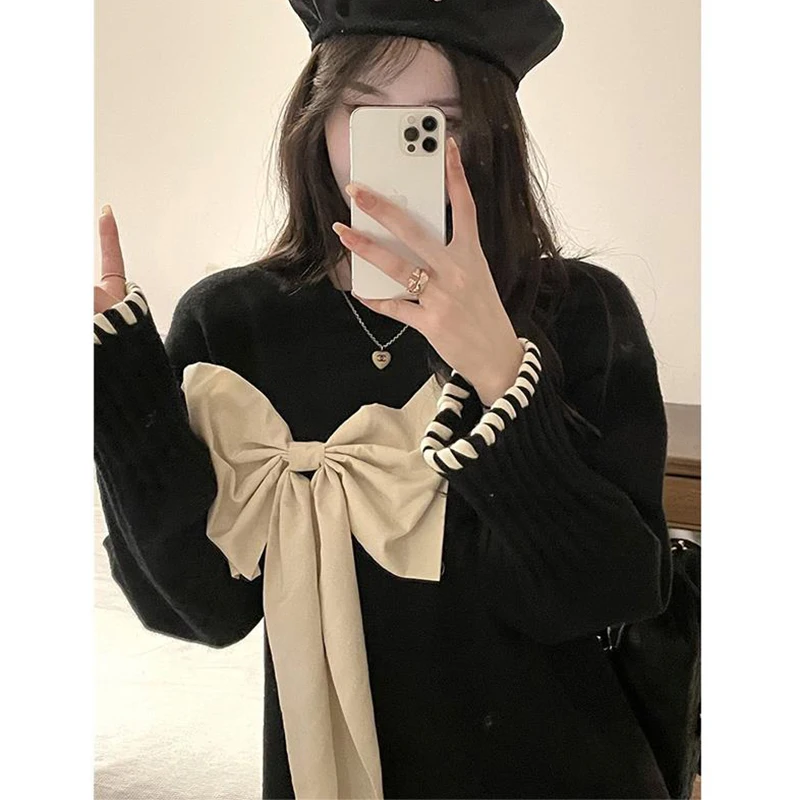 

Black Bow Fashion Pullover Loose Sweater 2023 Autumn Winter Long Sleeve Casual Sweater Women O-Neck Thicken Warm Bottom Sweater