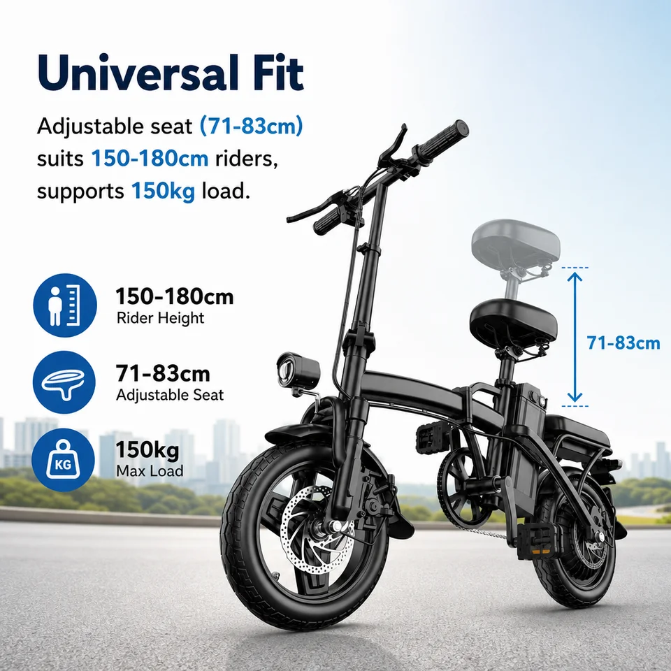 Compact 14" 500W Folding Electric Bike 3 Riding Modes, 32km/h Top Speed, 30km Pedal-Assist Range, 150kg Max Load, 160mm Disc Brakes, 6H Fast Charge, 20% Hill Climb, Universal 150-180cm Fit, Lightweight 22.8kg E-Bicycle image 7