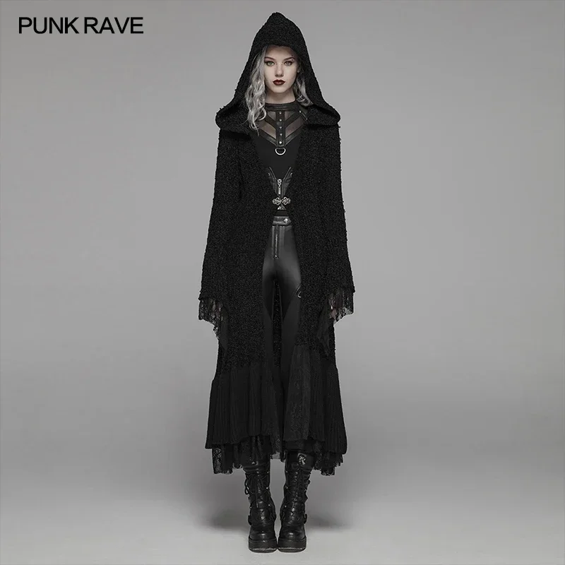 PUNK RAVE Women\'s Gothic Retro Black Long Hooded Sweater Halloween Costume Personality Women Woolen Cardigan Cuffs Stitched Lace