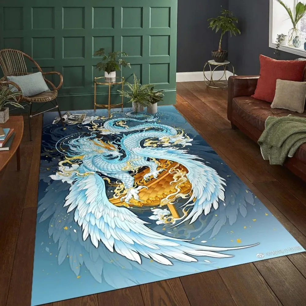 Mythisches Biest, Teppich, Matte, Teppich, Drache, Phönix, Heimdekoration, Wohnzimmer, Kunst, Bodenmatte mit goldenem Architektur-Flaming-Muster