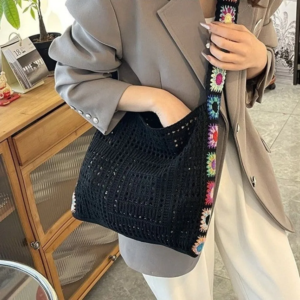 

Portable Solid Color Knitted Shoulder Bag Woven Bohemian Crochet Tote Bag Hollow Sundries Storage Bag Shopping Handbag Beach
