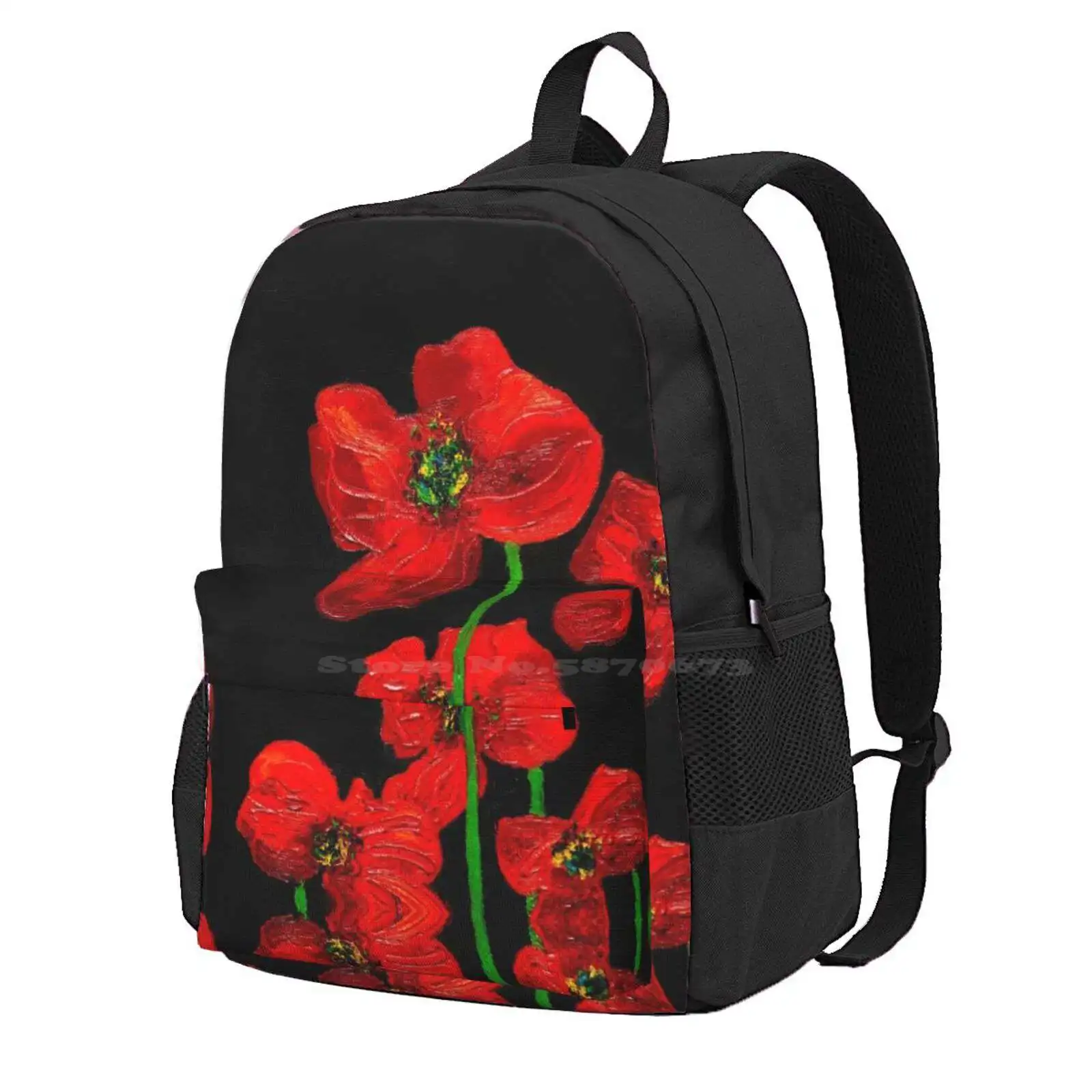 Red Poppies On Black Hot Sale Schoolbag Backpack Fashion Bags Poppies Poppy Black And Red Red Flowers Oil Painting