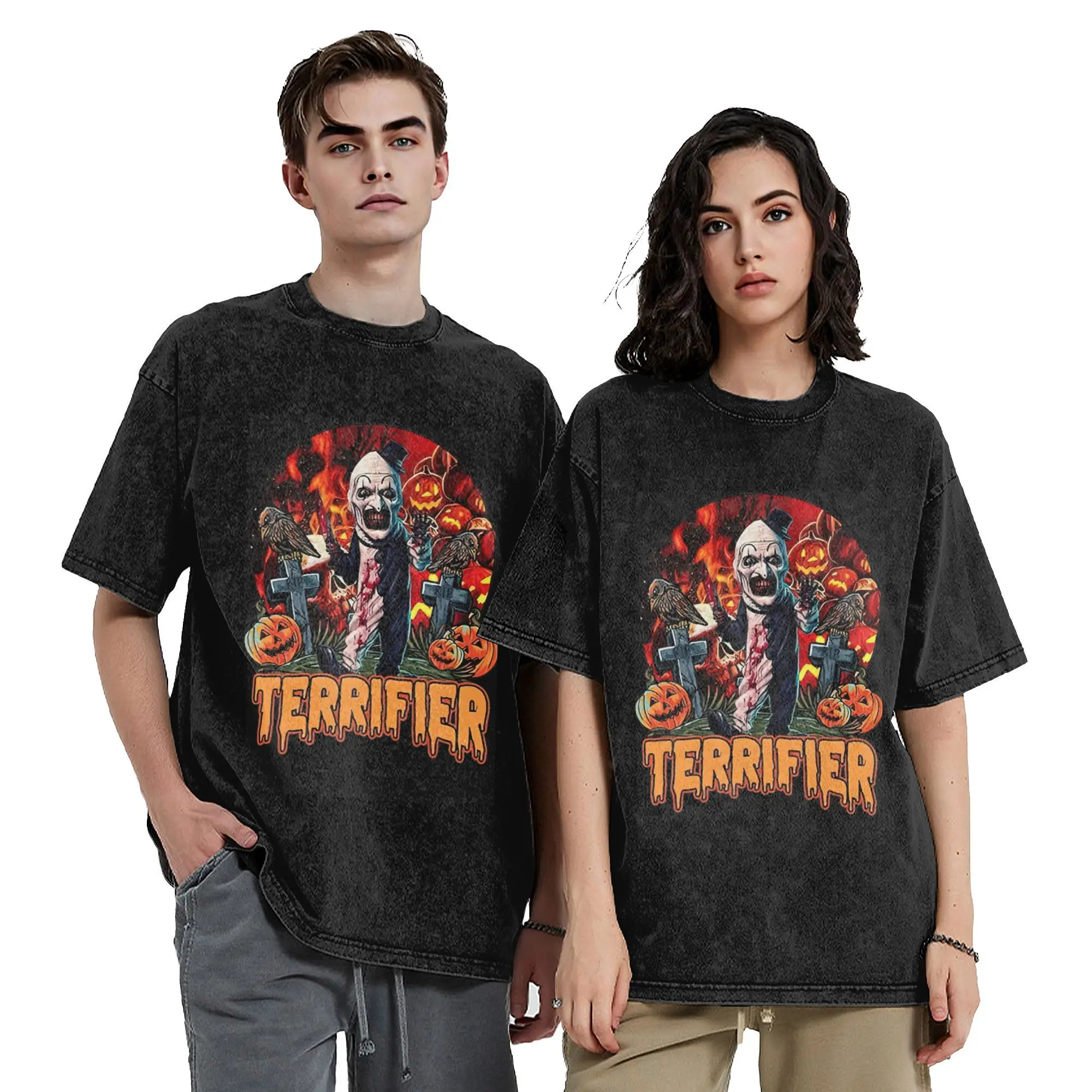 

Terrifier Horror Movie Characters Vintage Washed T Shirt Men 100%Cotton Tops Shirts Harajuku Crewneck Short Sleeve