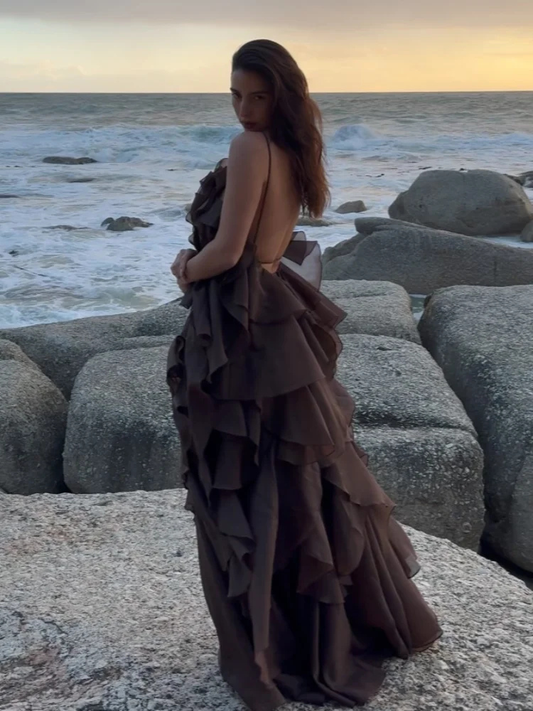 Elegante 3d flor camada babados maxi vestido feminino sexy sem costas sem mangas estilingue vestidos de festa nova senhora férias praia robes