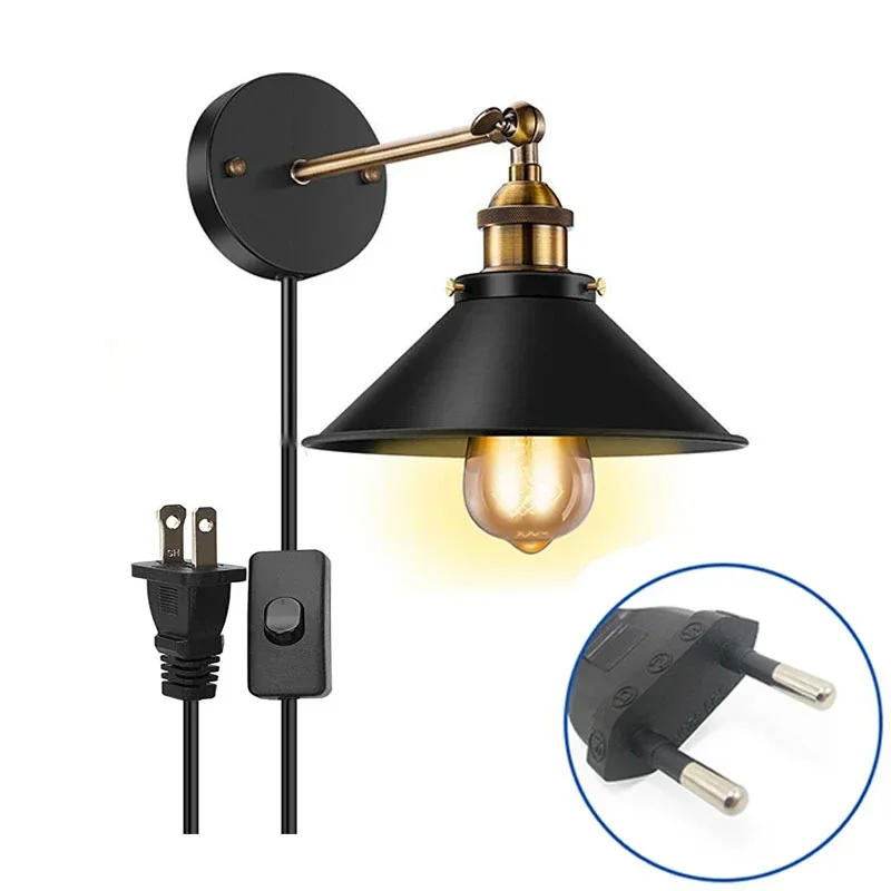 American Country Retro Iron Black Wall Lights Dining Room Industrial Style Tape Switch Angle Adjustable Wall Lamps Lighting E27