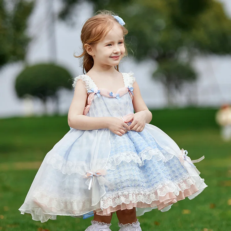 

2024 Spain Children Girl Summer Dress Sleeveless Lolita Girls Party Dresses Tulle Patchwork Holiday Party Show Baby Kids Clothes