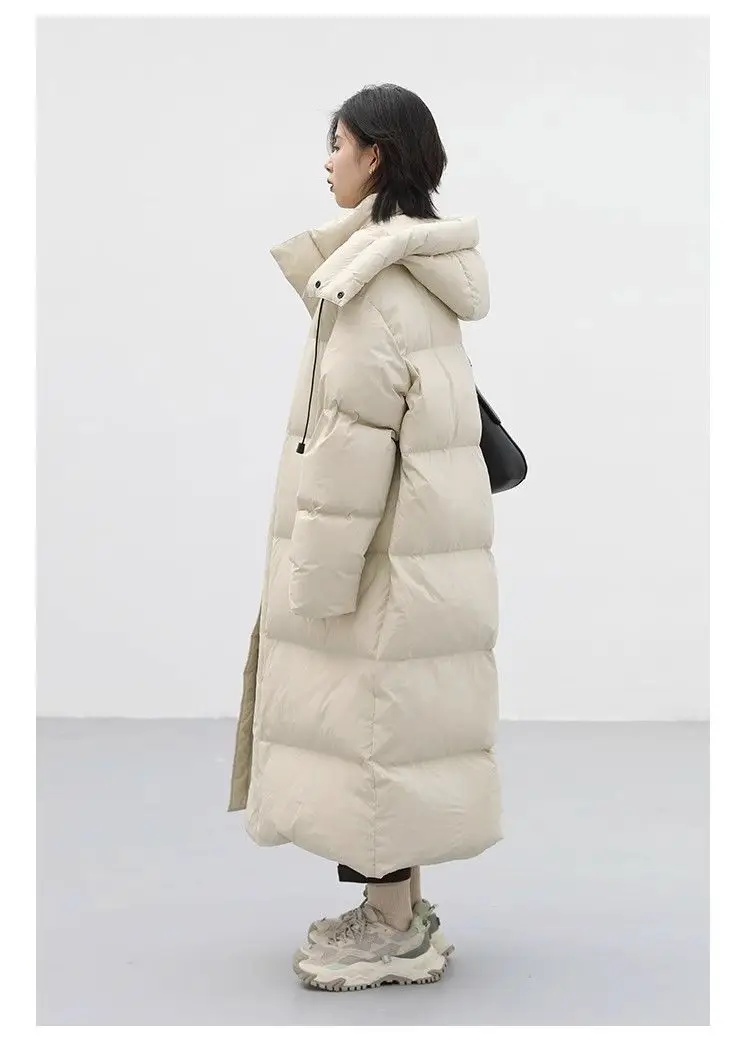 Winter New Down Coat Women Mid Length Windproof Hooded Standing Collar Loose Warm Casual White Duck Down Coat