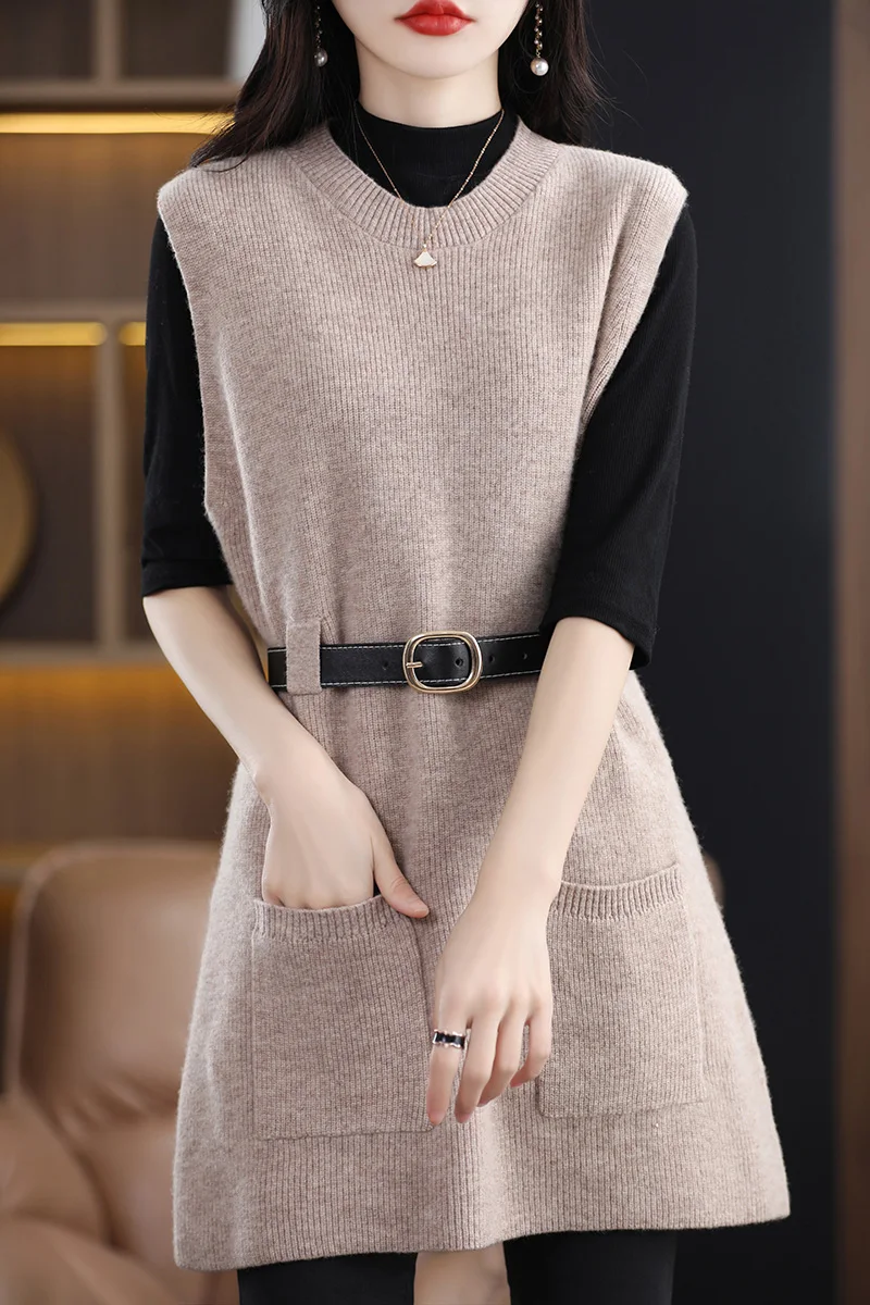 New Spring Autumn 100 Pure Wool Women's round Neck Sleeveless Sweater Vest  Color Base Layer Woolen Top