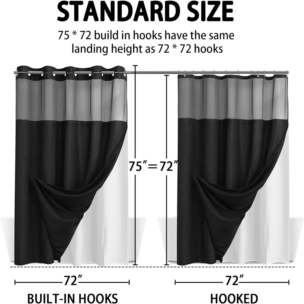 1PC unhooked large hole waffle check shower curtain, 72in*75in, hotel grade, spa waterproof shower curtain, black