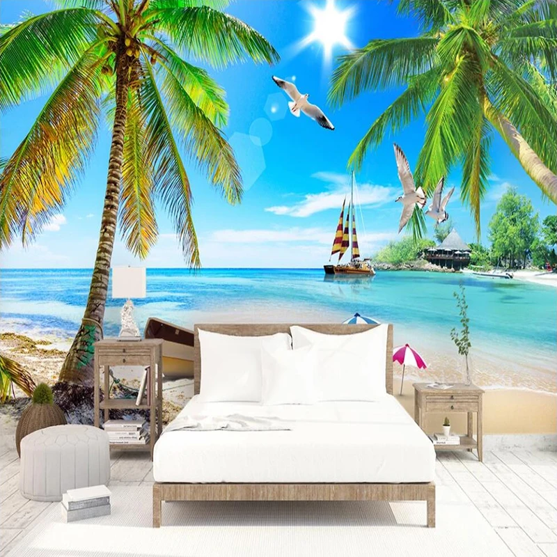 Custom 3D Photo Wallpaper Mediterranean Sea View Living Room Bedroom Sailboat Coconut Tree Beach Wall Decoration Landscape Mural