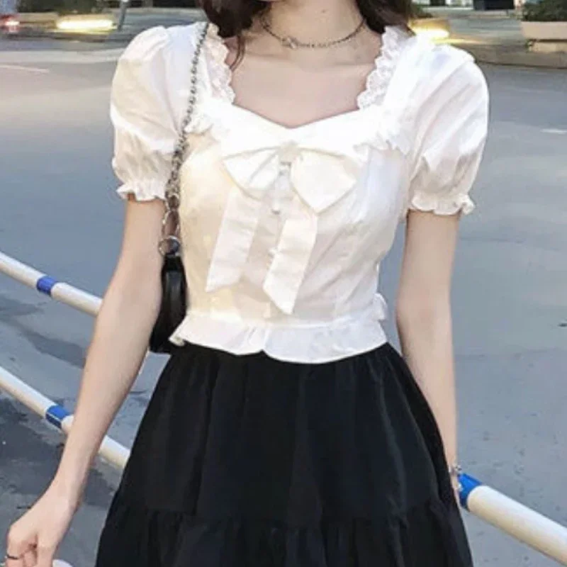 White Blouses Women Bow Design Hotsweet Ins Fashion Tender Kawaii Square Collar Summer Korean Style Crop Tops Temperament Simple