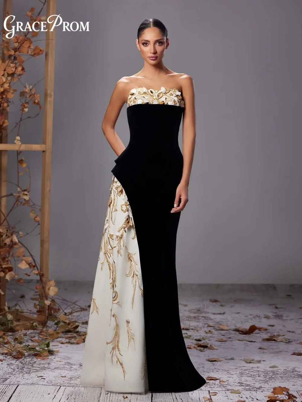 

Роскошное черно-белое вечернее платье с ослепительной золотой аппликацией, элегантное бархатное платье-русалка с пеплумом для вечеринок