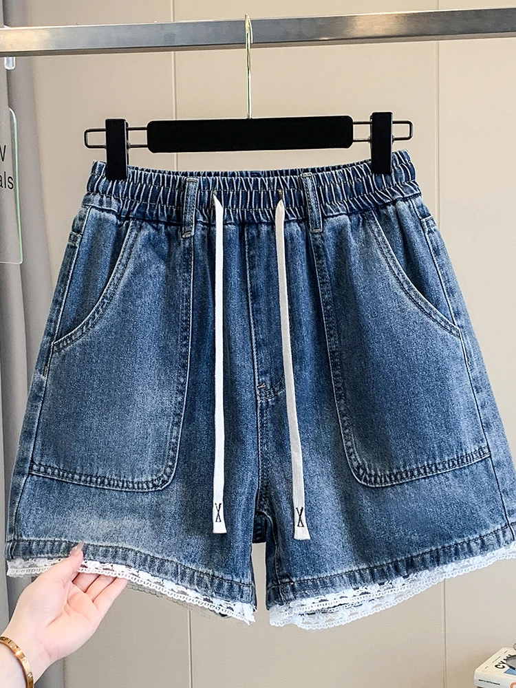 

Summer 2026 plus Size Elastic Waist Loose Lace Wide Leg Four Parts Jeans Shorts Fat MM Slim High A-Line Hot Pants Casual Pants