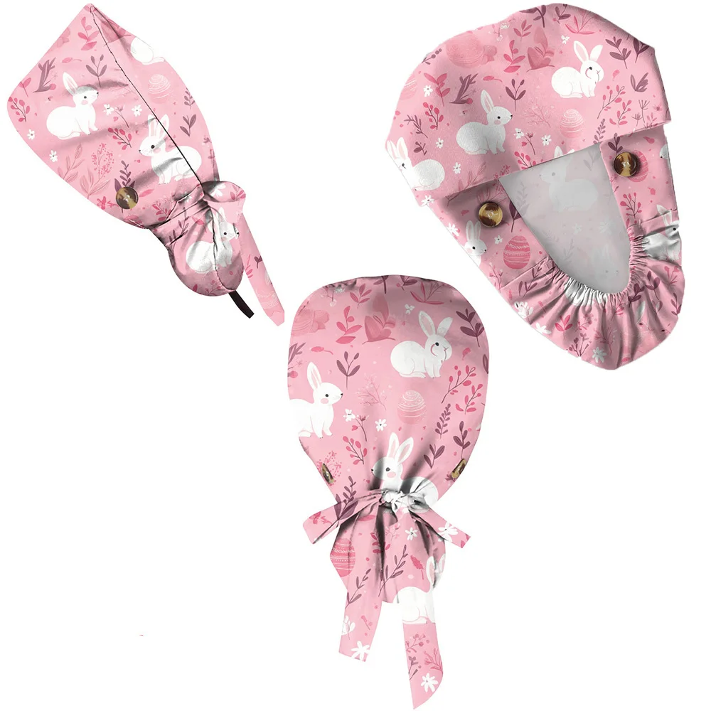 

Fashion New Nurse Hat Classic Cartoon Bunny Easter Eggs Theme Print Work Hat Casual Washing Hooded Cap Dust Ponytail Hat