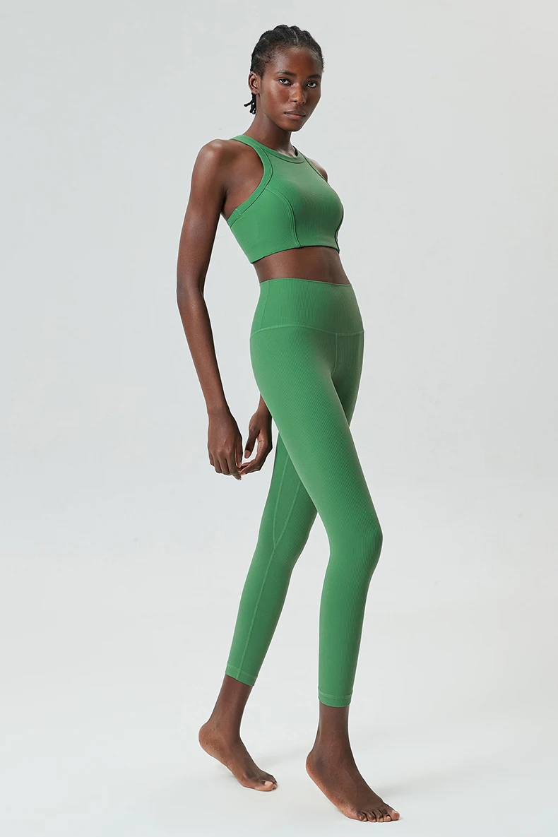 High Impact Gym Anzug Frauen Gerippter Stoff Zwei Stücke Fitness Yoga Set Slim Fit Dehnbare Laufsport Workout Kleidung – Detail 16