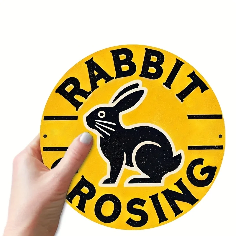 2D Flat, 1pc Vintage Rabbit Crossing Metal Sign  Round Iron Wall Art with Black & White Rabbit, Yellow Background