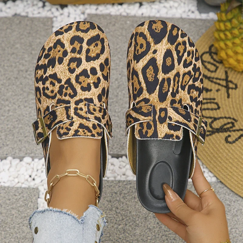 

Fashion Women Shoes Leopard Print Mules Slippers Women 2025 Large Size Platform Clogs Shoes Woman Buckle Design Half Slippers
