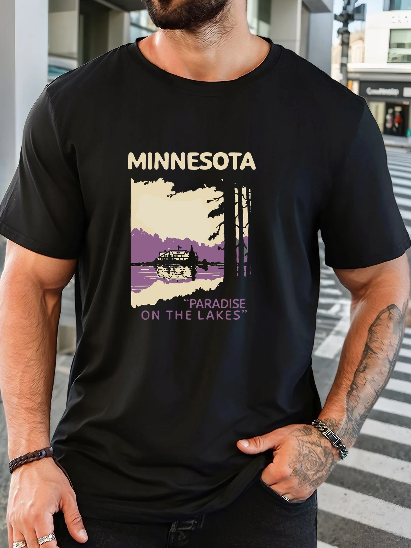 

Men's Cotton Printed T-Shirt Minnesota Lakes Pattern Summer Casual Oversized Round Neck Short Sleeve Comfortable Daily Wear Tee