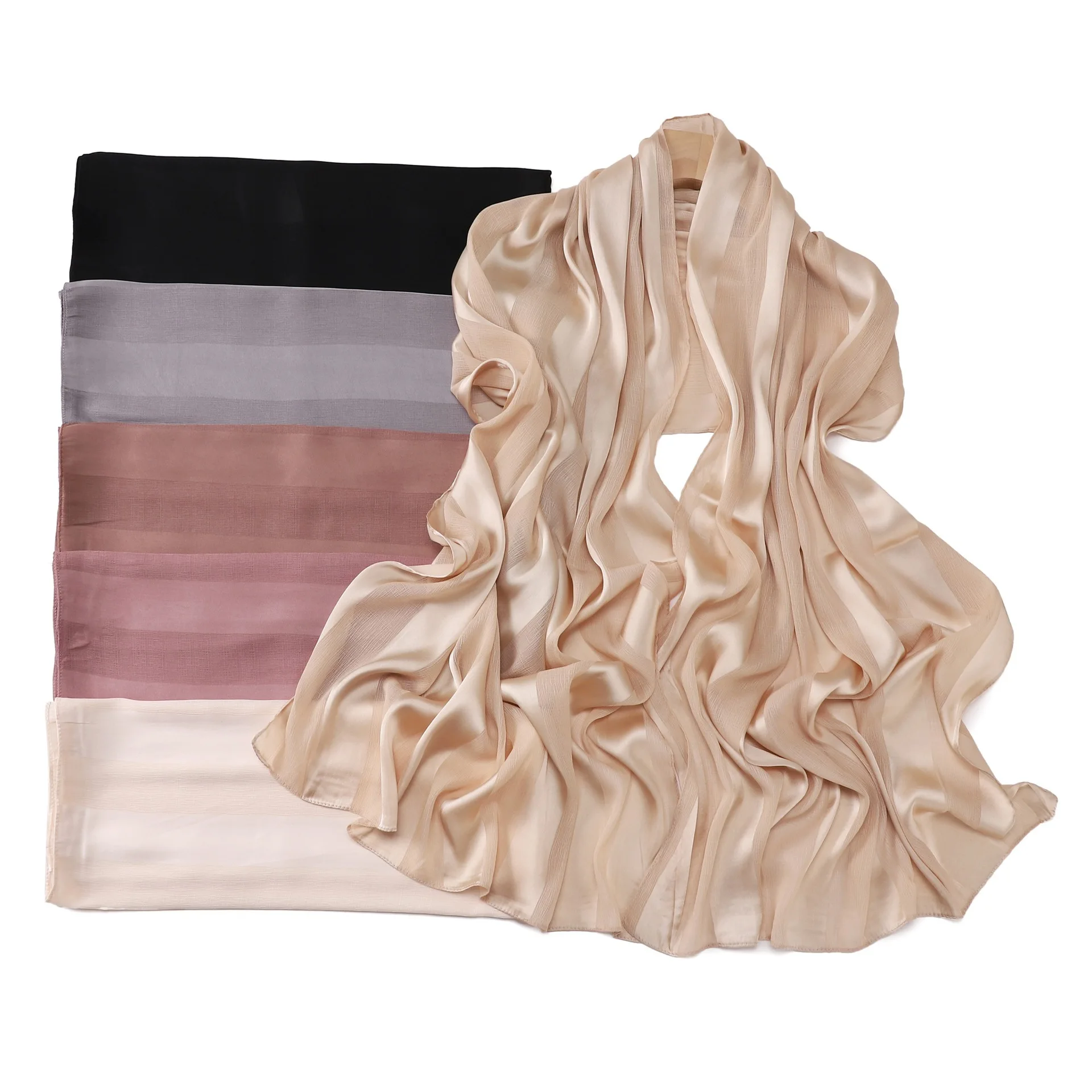 イスラム教徒のシマーストライプヒジャーブ女性シフォンスカーフサテンストライプシルク感サテンスカーフ無地ターバンヘアラップ